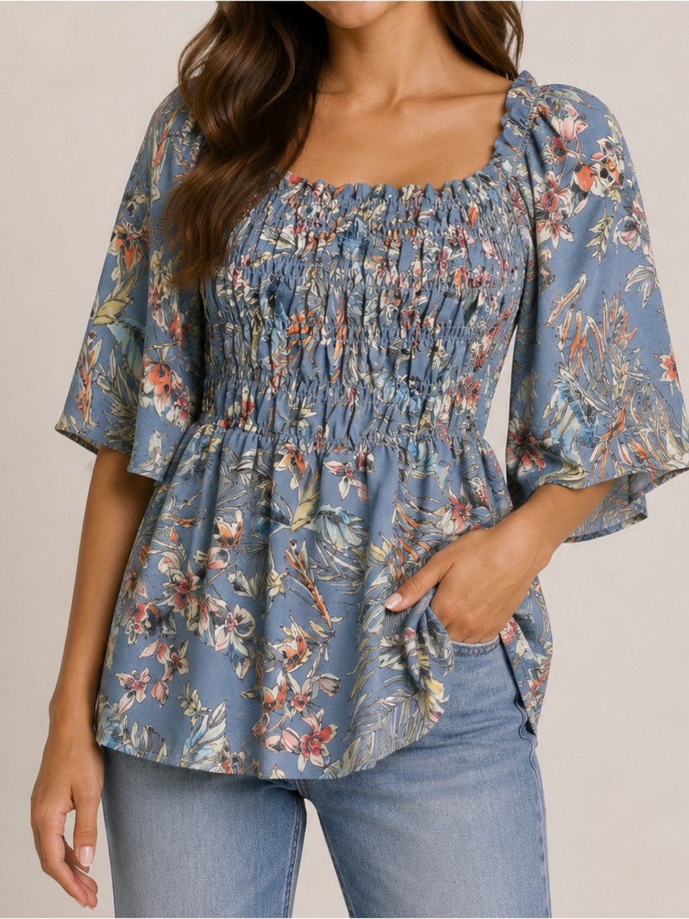 Chenault women's blue floral print square neck blouse with puff sleeves medium